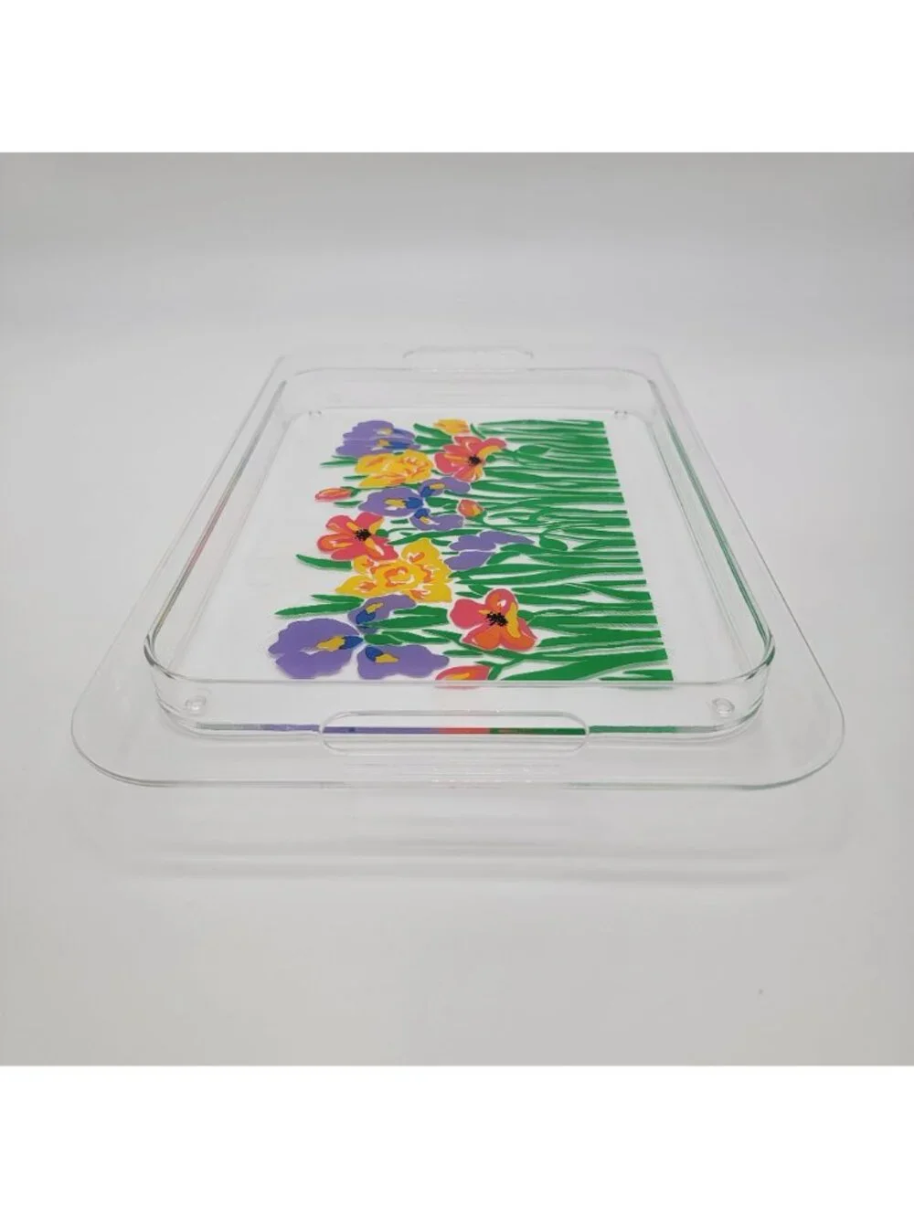 Vintage Acrylic Floral Serving Tray With Handles Colorful Flower Design